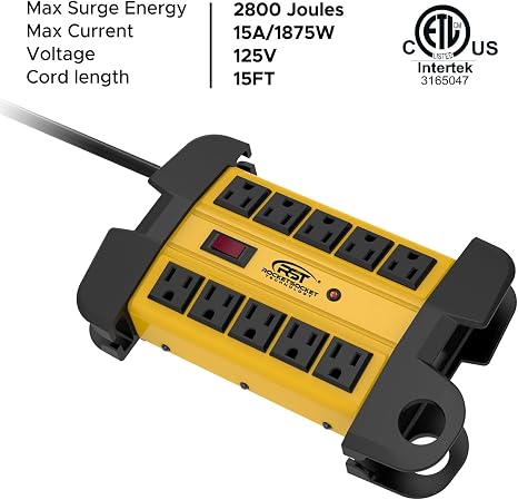 Heavy Duty Metal Surge Protector Power Strip 10 Outlets 2800J 15FT Extension Cord Wall Mount Black