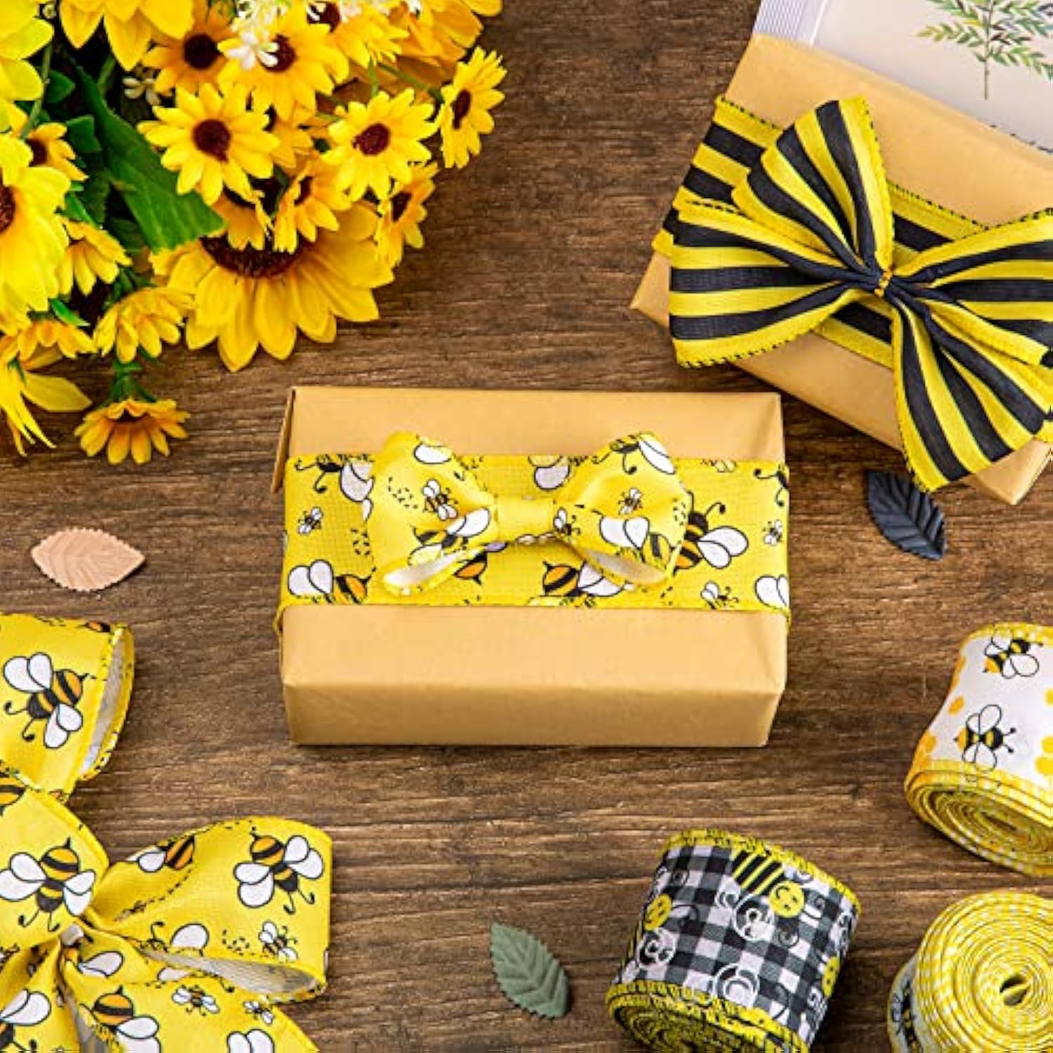 Bee Wired Edge Ribbon 30 Yards 2 Inch Yellow Black Plaid Stripe Ribbon