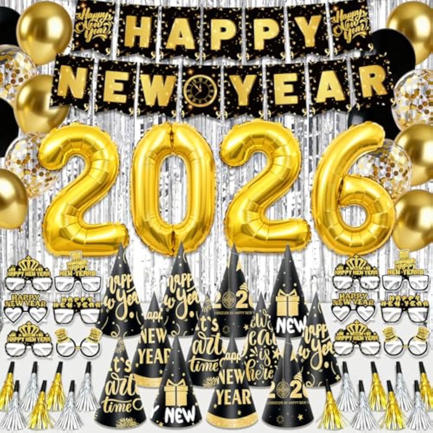 2026 New Year Party Supplies Banner Balloons Hats Glasses Noise Makers