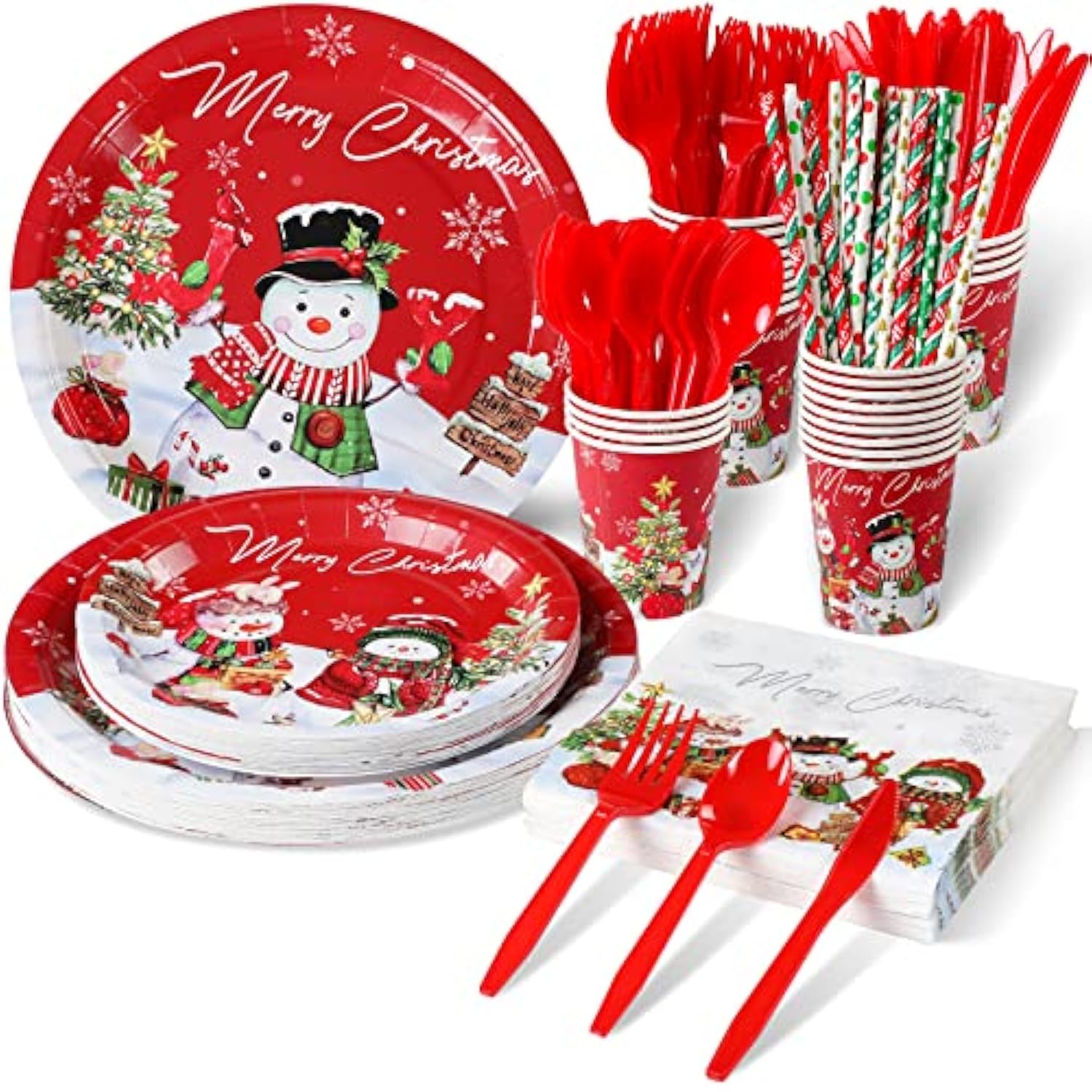 Christmas Snowman Party Supplies, Christmas Snowman Plates And Napkins Set, Disposable Paper Plates Napkins Cups Knives Spoons Forks For Merry Christmas Winter Holiday Party Decorations, Serve 25