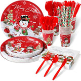Christmas Snowman Party Supplies, Christmas Snowman Plates And Napkins Set, Disposable Paper Plates Napkins Cups Knives Spoons Forks For Merry Christmas Winter Holiday Party Decorations, Serve 25