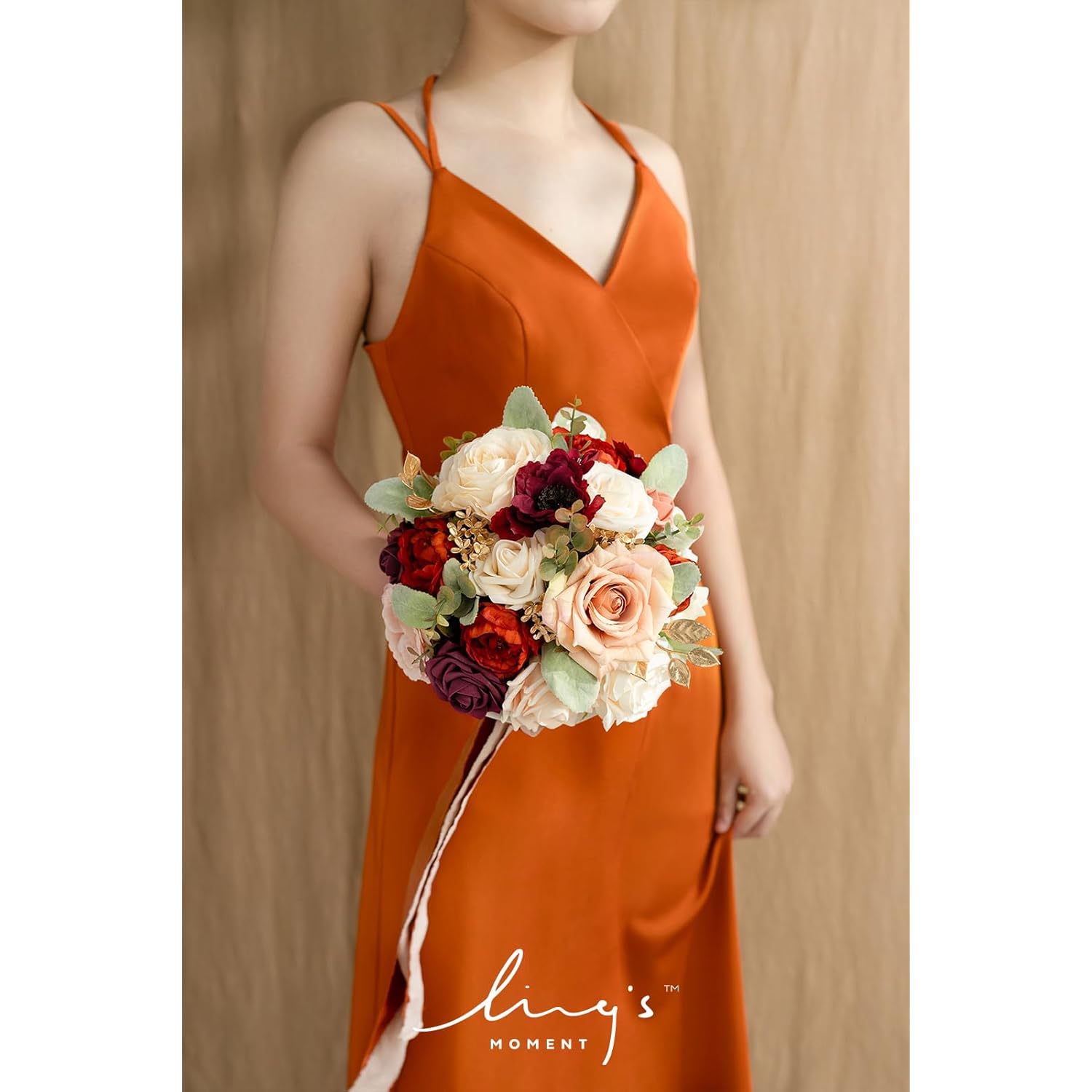 Terracotta Bridal Bouquet For Bride, Burnt Orange Wedding Bouquets For Bride Maid Of Honor Bridesmaid, 9 Inch Silk Round Artificial Wedding Flowers Bouquets, Small Bridesmaid Bouquet
