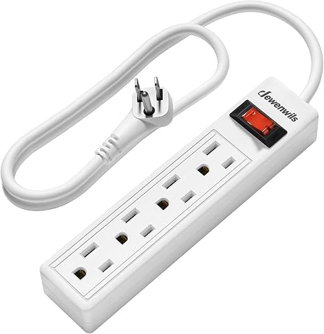 4 Outlet Power Strip 2FT Cord 15A 1875W Flat Angled Plug White