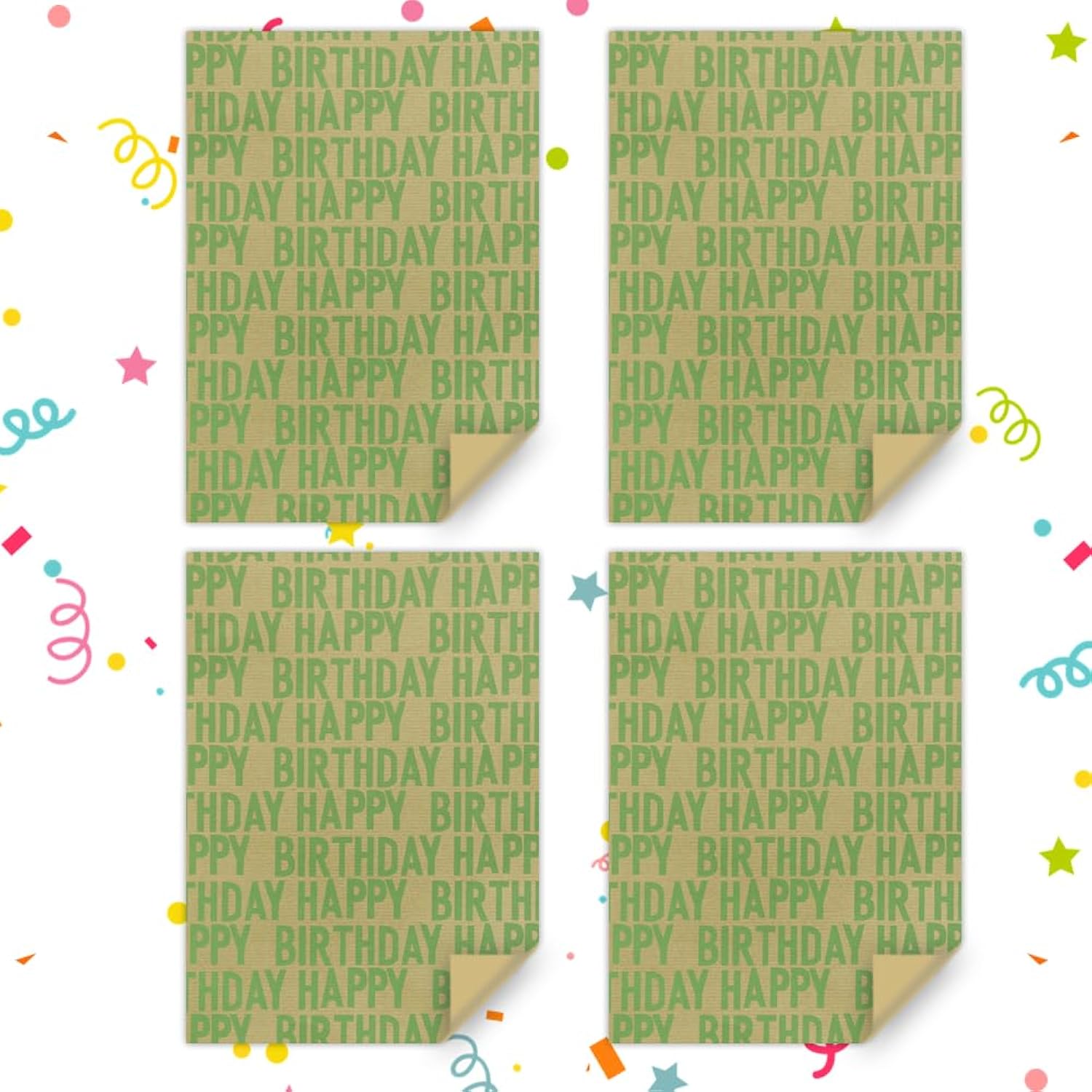 Minimal Soft Grass Green Large Happy Birthday Repeating Script Wrapping Paper 4 Sheets 27.5X19.7 Inch For Men Women Boys Girls Kids Green Enthusiasts-Brown Recycled Kraft Gift Wrap For Baby Shower Daddy Men All Birthday Occasions