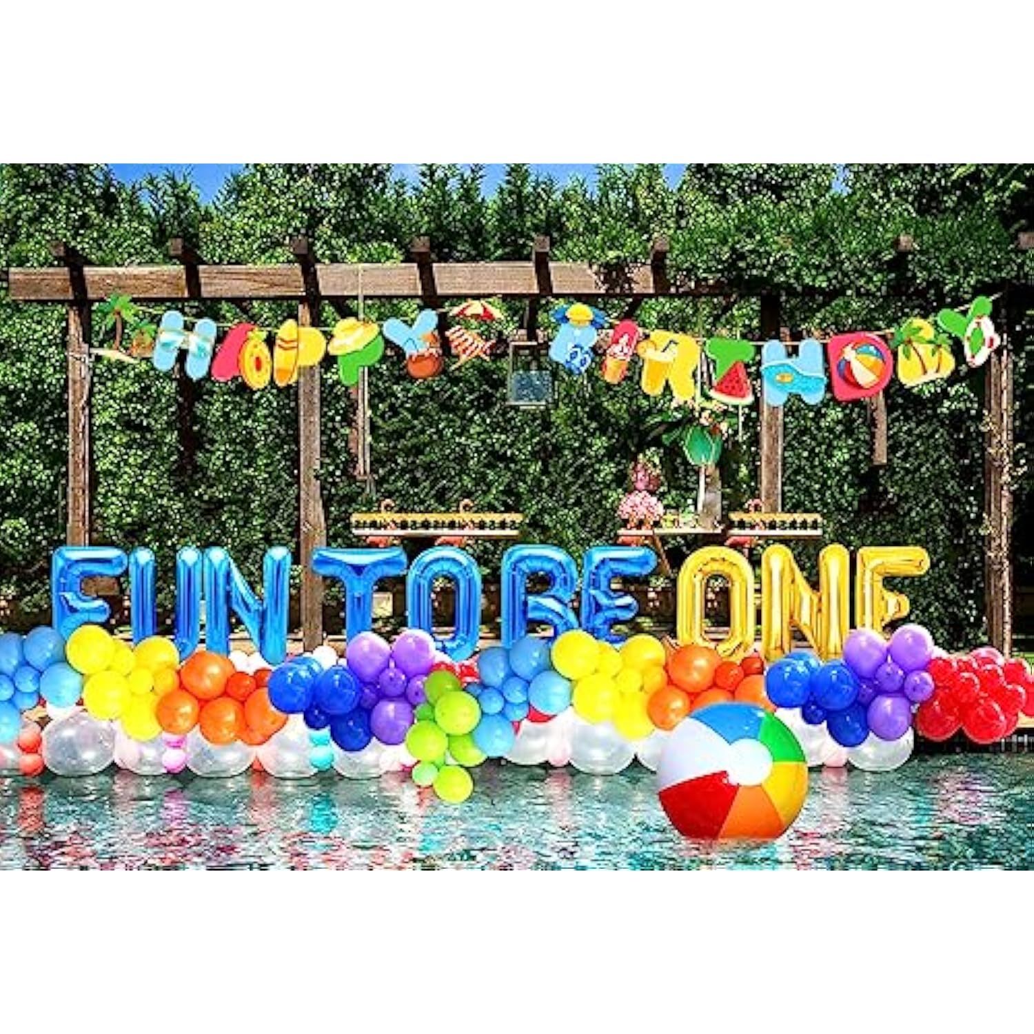 Fun to Be One Beach Party Décor, Pool Birthday Balloons & Beach Ball Cake Topper