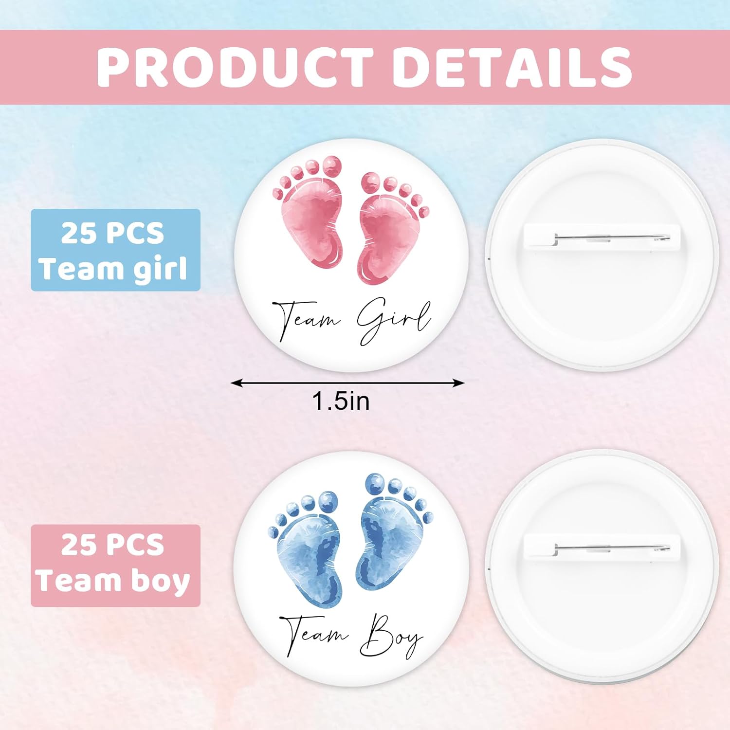 50Pcs Gender Reveal Button Pins Pink Blue Footprints Team Girl Boy Button Badges For Baby Shower Party Game Supplies