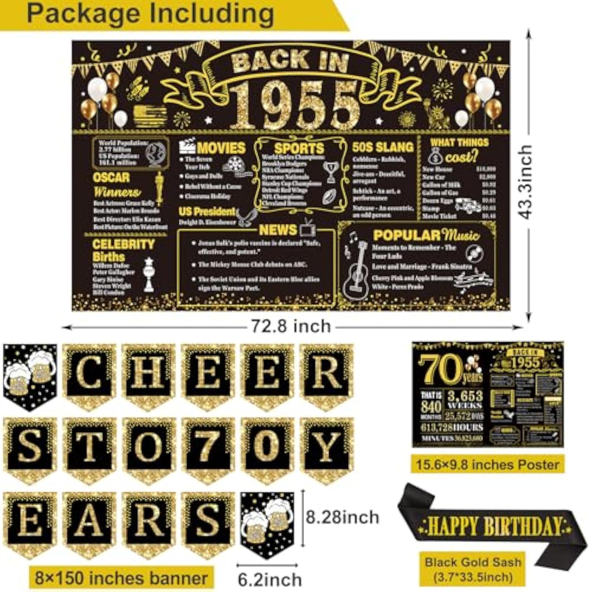 70Th Birthday Decorations For Men Women,24Pcs 1955 Banner Decorations,Including Banner,6Honeycomb Topper,70 Balloons,Anniversary Card,Cheers To 70 Years Banner,7 Hanging Swirl,6 Paper Poms,Sash