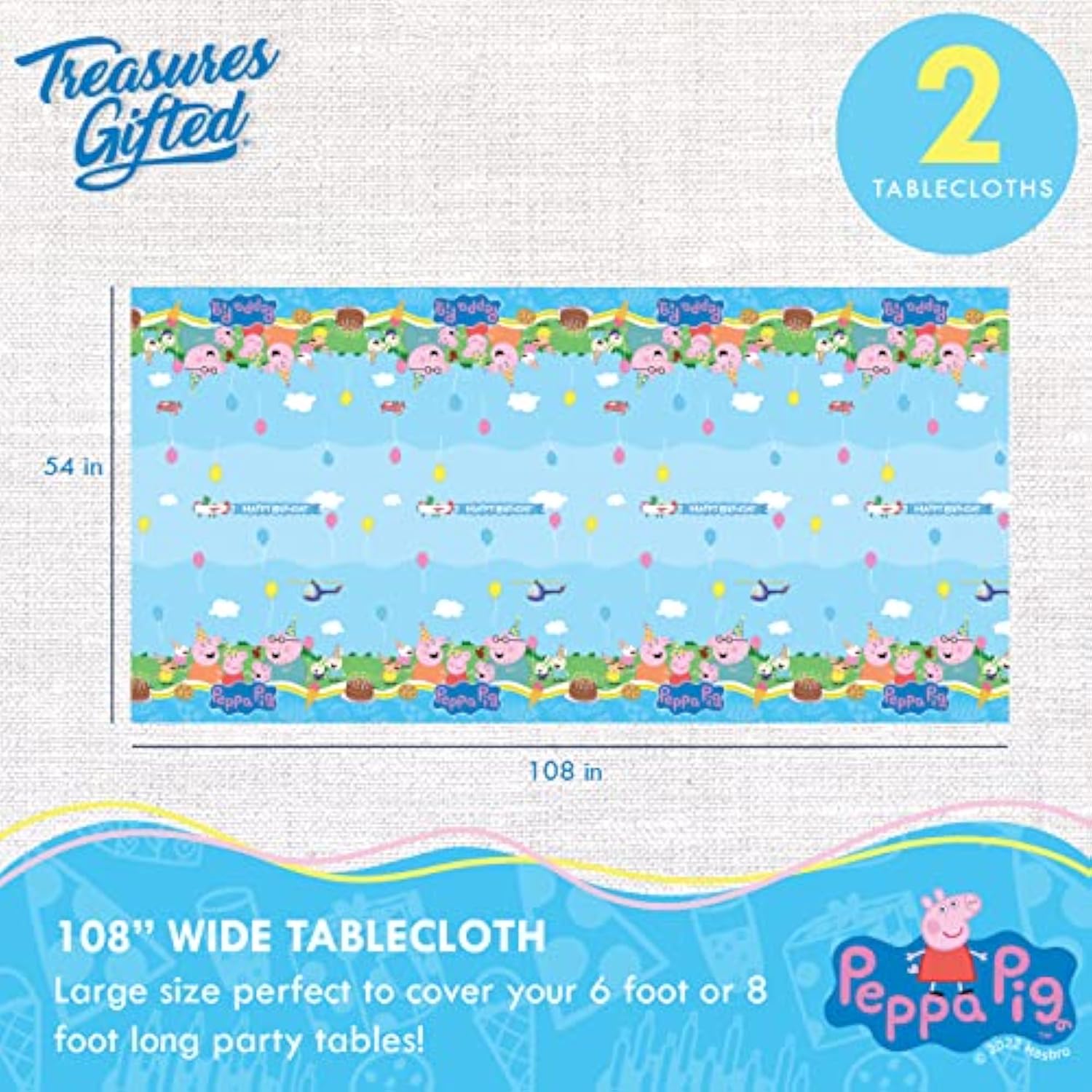 Officially Licensed Peppa Pig Birthday Decorations - Pack Of 2 Large Rectangular Tablecloth 54 X 108 Inches - Peppa Pig Party Supplies - Disposable Plastic Table Cover