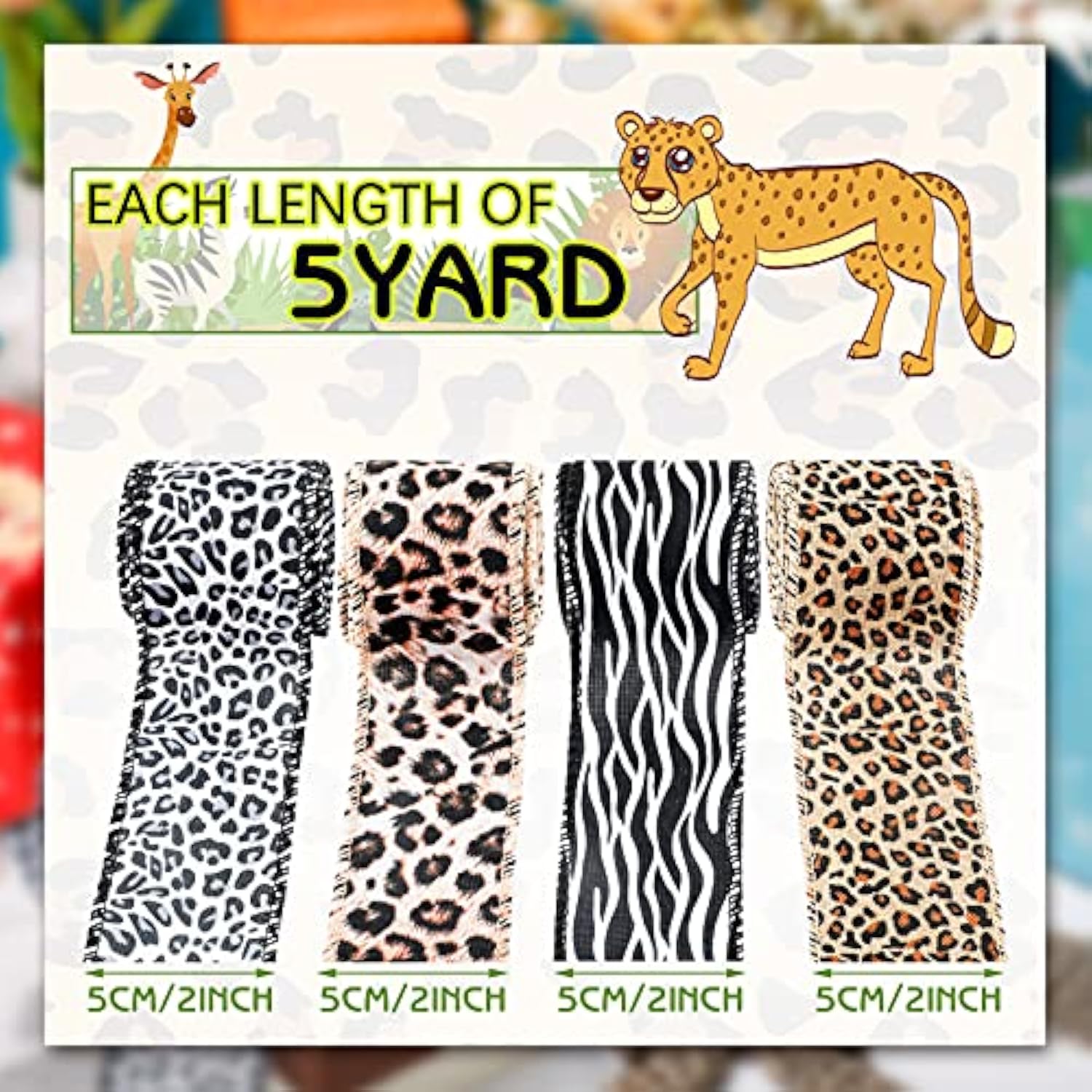 4 Rolls 20 Yards Leopard Print Ribbon Animal Print Ribbon Zebra Cheeta