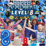 Video Game 8Th Birthday Decorations For Boys, Blue Level 8 Banner Backdrop Honeycomb Centerpieces Hanging Swirls For 8Th Birthday Party, Gamer 8 Years Old Party Supplies
