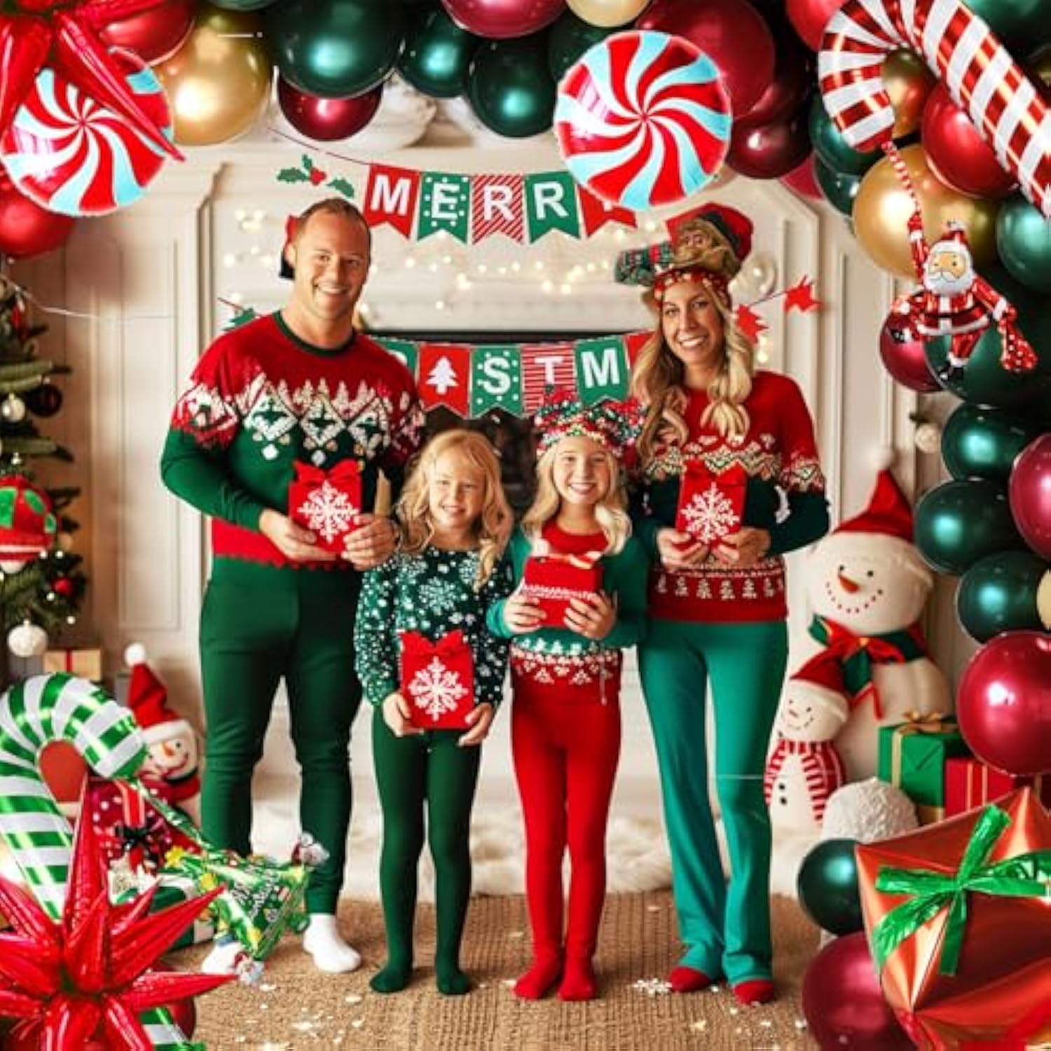 Merry Christmas Red Green Gold Balloon Garland Arch Set 100Pcs With Christmas Tree Santa Candy Cane Star Cookie Mylar Balloons For Winter Xmas New Year'S Eve Decoration