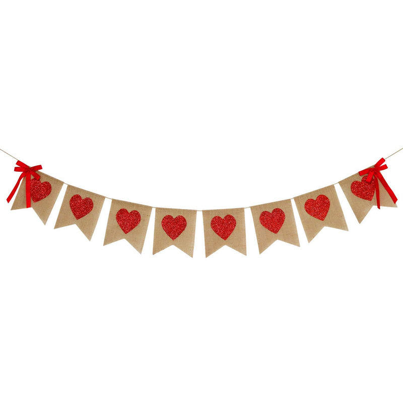 Burlap Heart Banner Garland | Red Glitter Heart | Valentine'S Day Deco