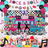 1950s Rock and Roll Party Decorations with Banner, Backdrop, Centerpieces, and Balloons