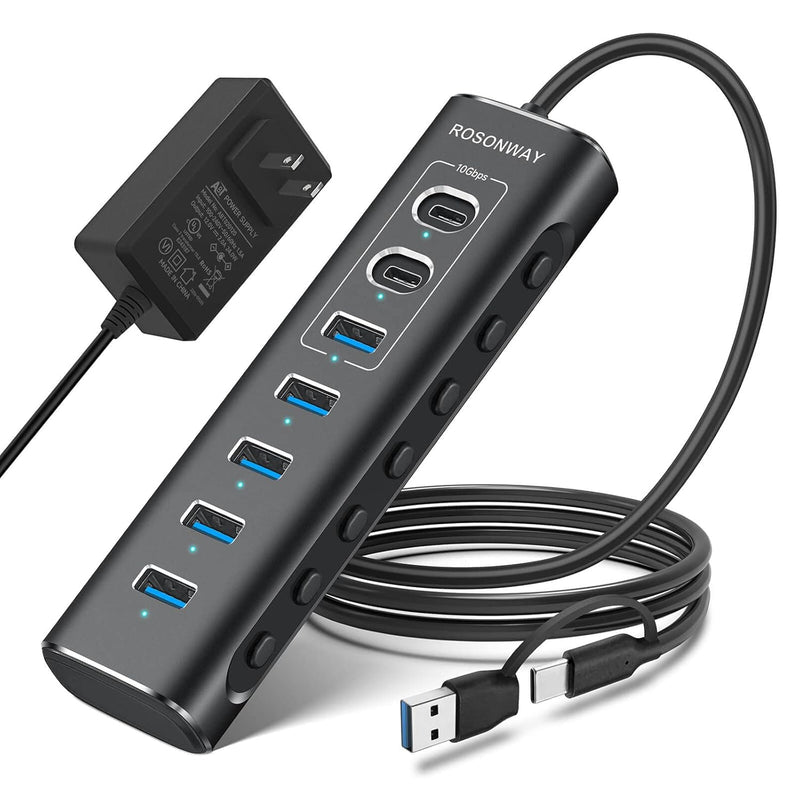 Powered Usb Hub, 7-Port Usb 3.2/Usb C Hub With 10Gbps Usb-A 3.2, 2 Usb-C 3.2,