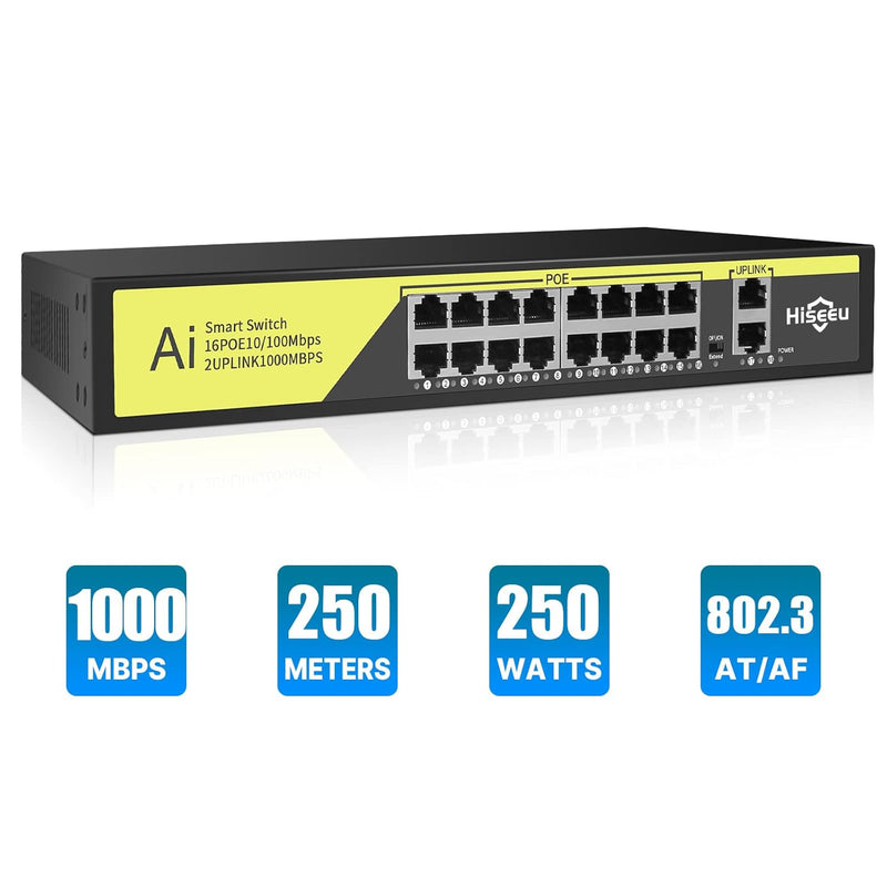 1000 Mbps 16 Port Poe Switch + 2 Gigabit Uplink 1000 Mbps, 250W (Each Port Up