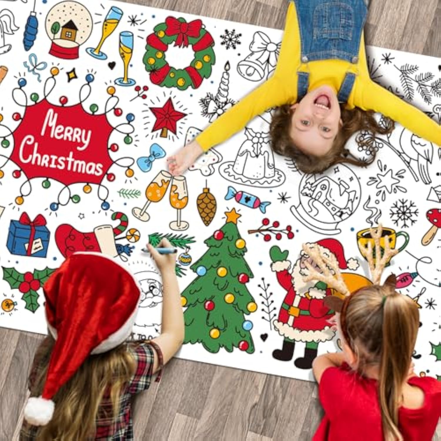 Christmas Large Coloring Table Cloth For Kids Merry Christmas Coloring Xmas Poster Pages Snowman Claus Santa Paper For Classroom Home School Party 71 * 23.6 In