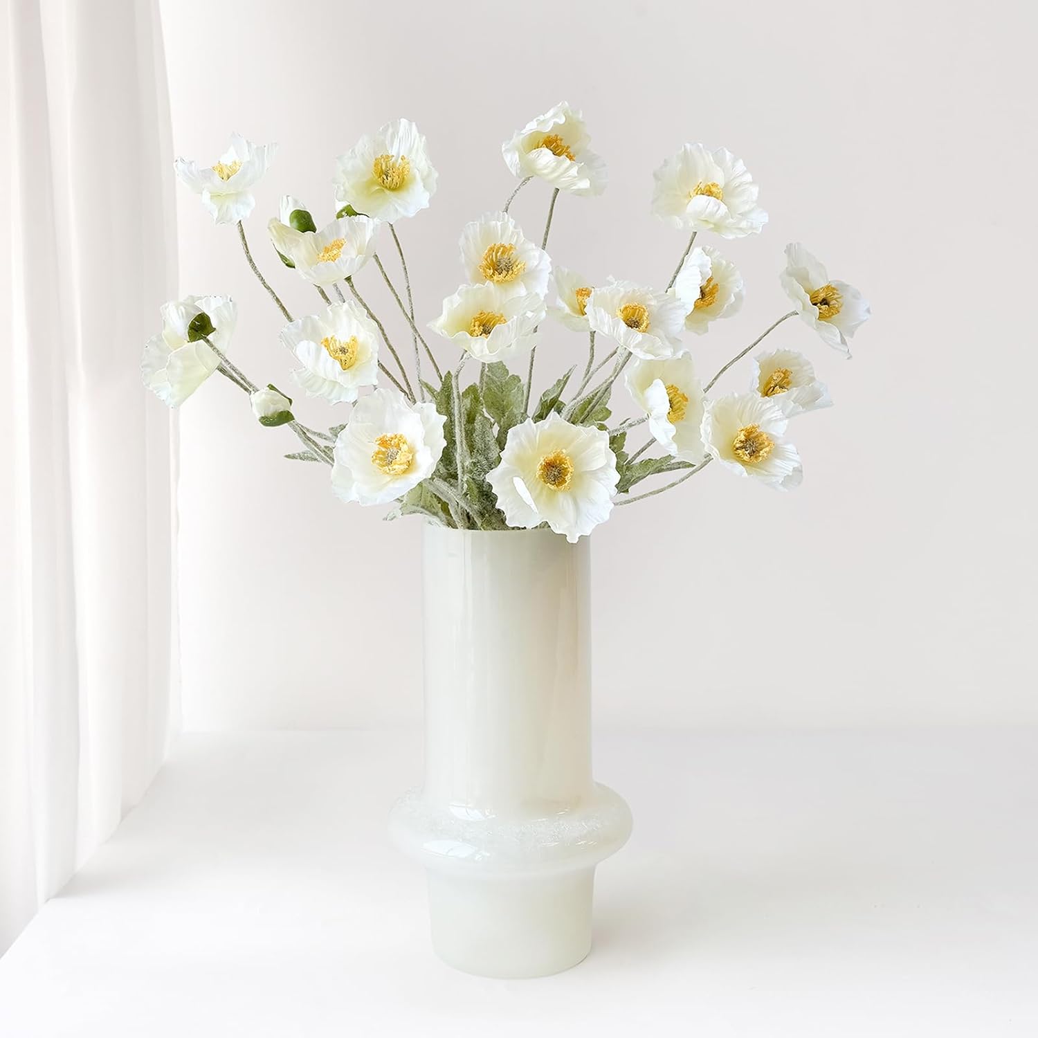 6Pcs White Poppy Artificial Fake Poppies Flower With Stems Silk Floral For Wedding Bouquet Party Spring Arrangement Home Cemetery Decorations