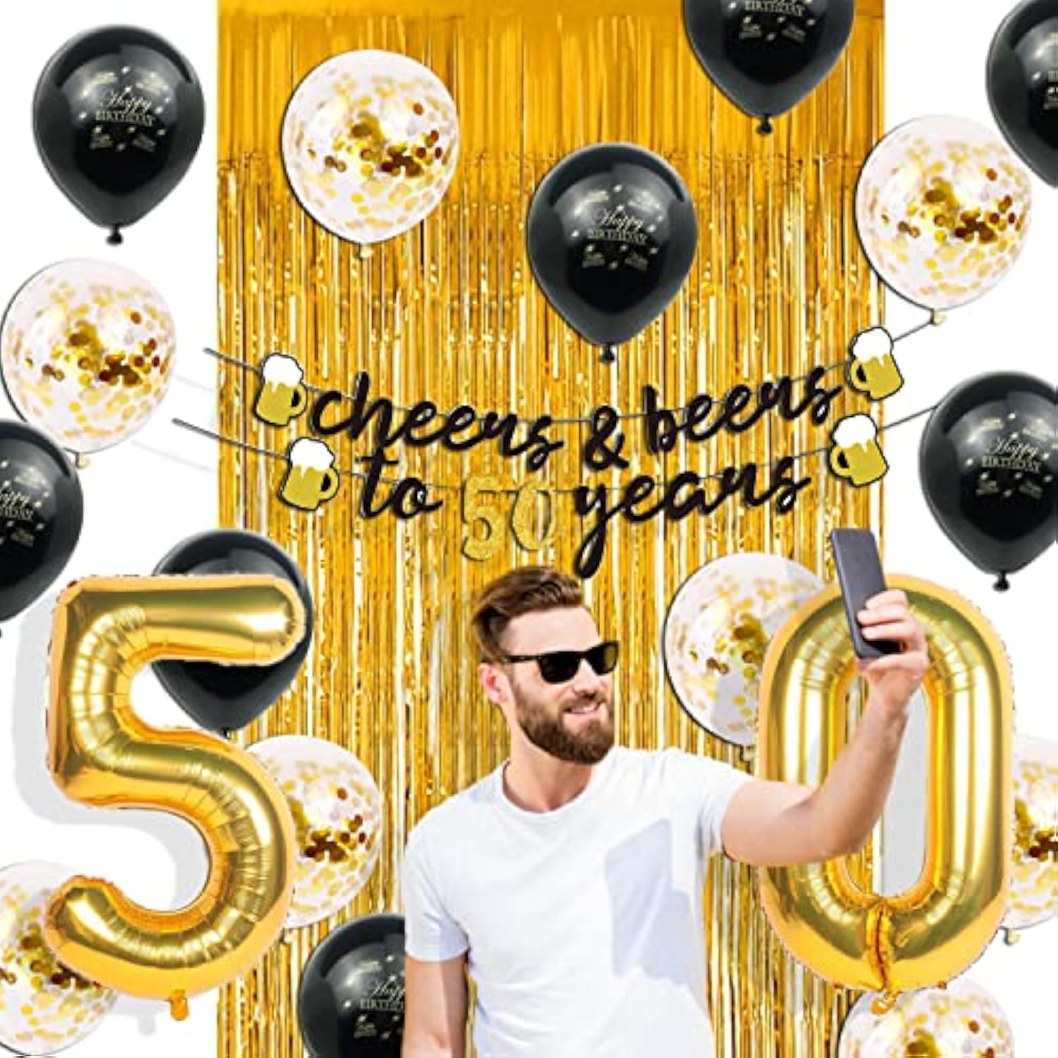 50th Birthday Decorations for Men – Gold 40" Number Balloons, Banner, Foil & Latex Balloons Set