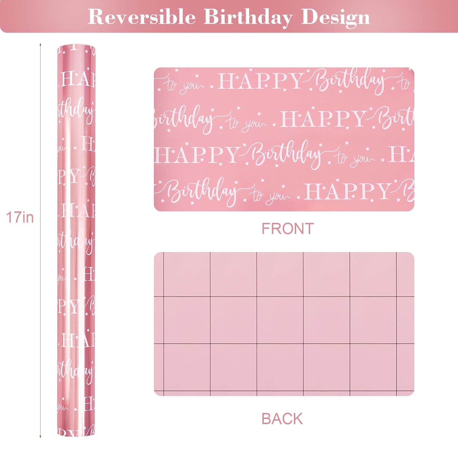 Pink Birthday Wrapping Paper Roll,Metallic Foil Gift Wrap For Women Girls, Shiny Star & Happy Birthday Lettering Design, 17" X 33 Ft (46.5 Sq.Ft)
