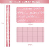 Pink Birthday Wrapping Paper Roll,Metallic Foil Gift Wrap For Women Girls, Shiny Star & Happy Birthday Lettering Design, 17" X 33 Ft (46.5 Sq.Ft)