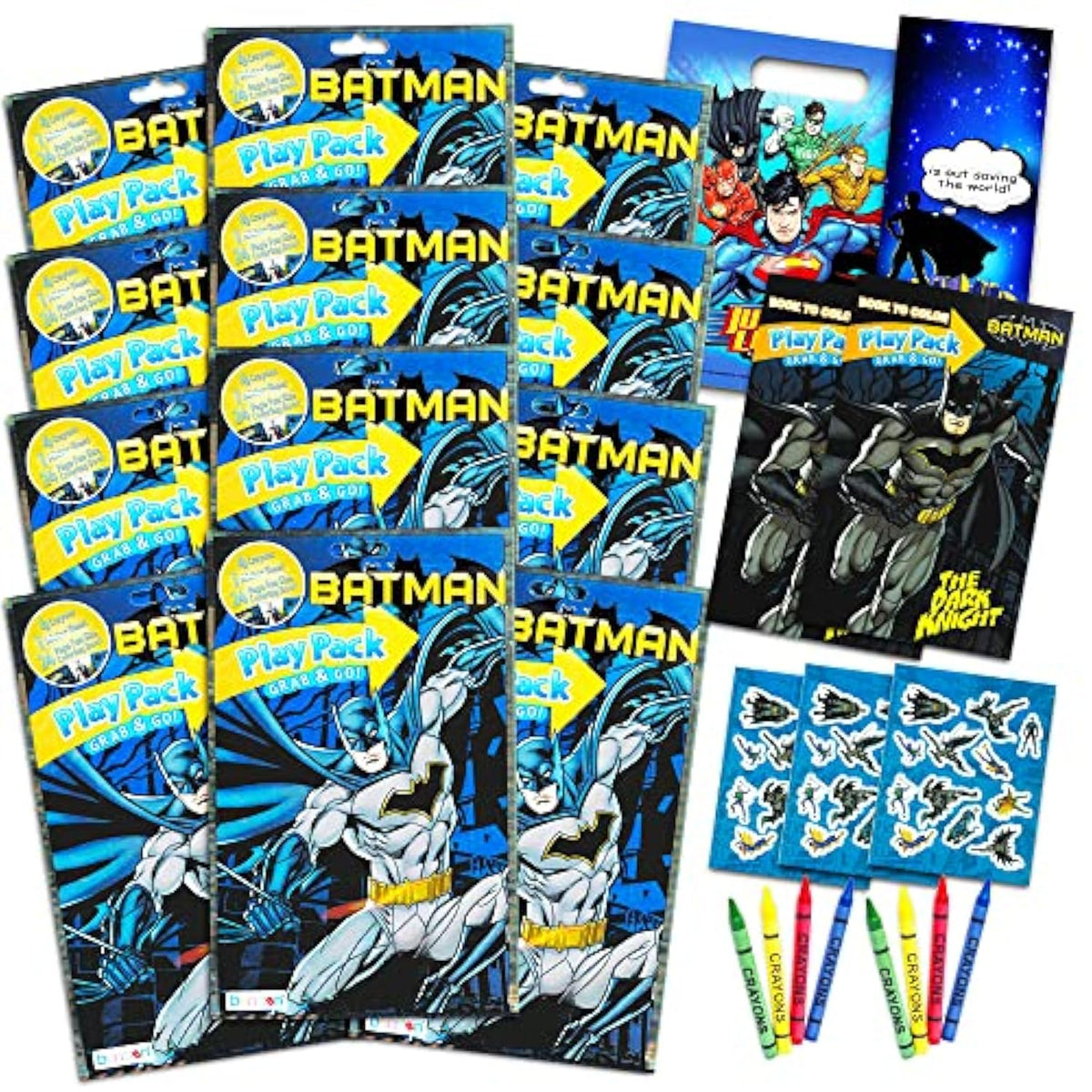 DC Comics Batman Party Favors Pack ~ Bundle of 12 Batman Play Packs Filled with Stickers, Coloring Books, Crayons with Bonus Loot Bags, Harley Quinn Patches, and Door Hanger (Batman Party Supplies)
