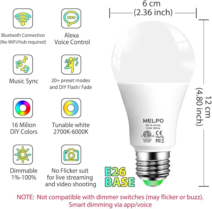 A19 Smart RGB Light Bulbs 8 Pack Bluetooth WiFi Color Changing LED Bulbs Alexa Compatible 130W Equivalent