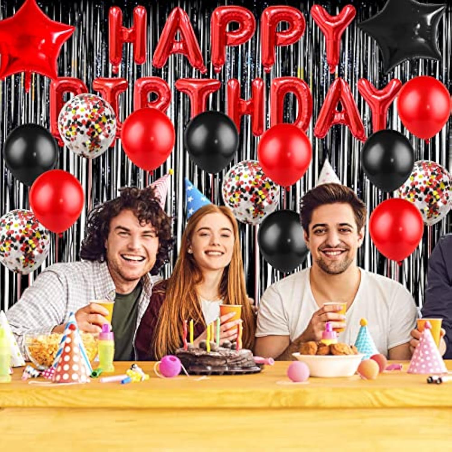 Red & Black Birthday Decor Kit with Banner, Fringe Curtain, Balloons & Confetti