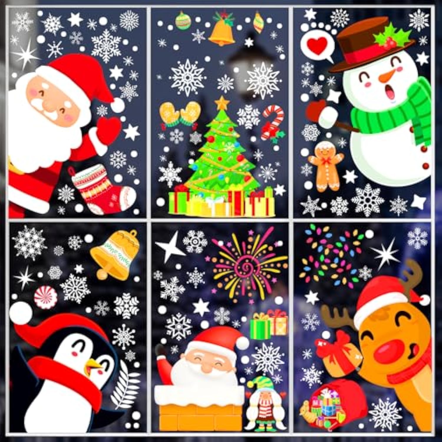 9 Sheets 200+ Christmas Window Stickers Snowflakes Santa Reindeer Decals