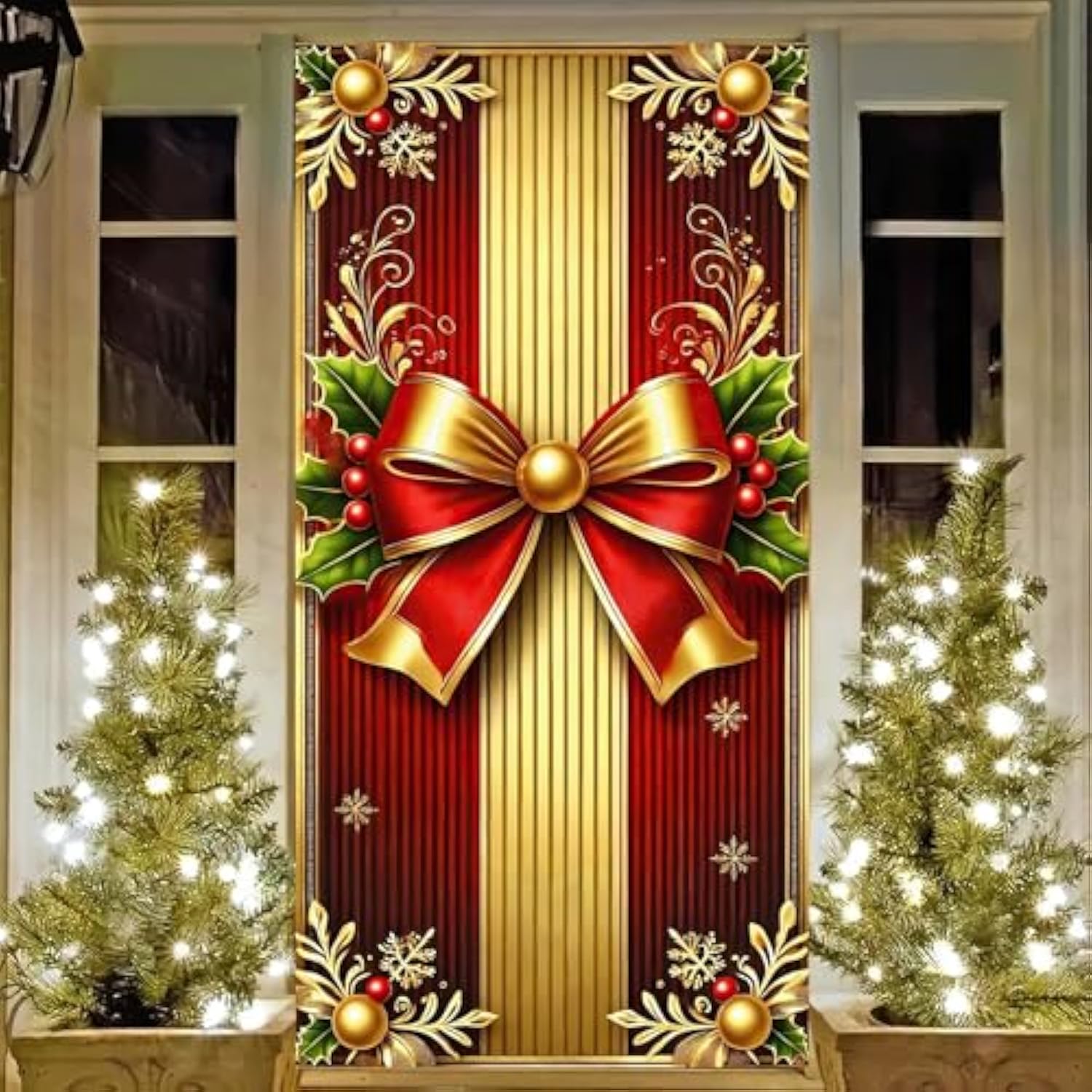 Merry Christmas Door Cover 35X71 Christmas Gift Box Present Hanging Banner Decoration Winter Holiday Bow Window Door Cover Red And Gold Stripes Ornaments New Year Party Home Wall Outdoor ?