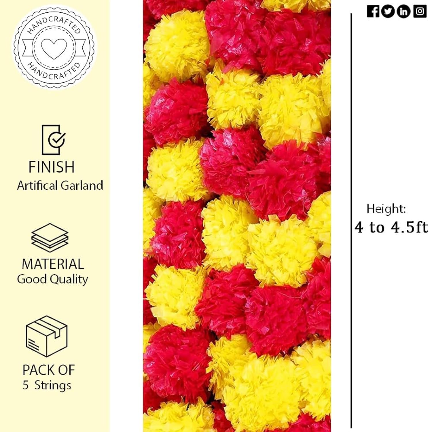 Artificial Marigold Garland For Decorations Pack Of 5 - Marigold Flowers Garland For Christmas Wedding Christmas Tree New Year Ornaments (Light Yellow Red | 4 To 4.5Ft)