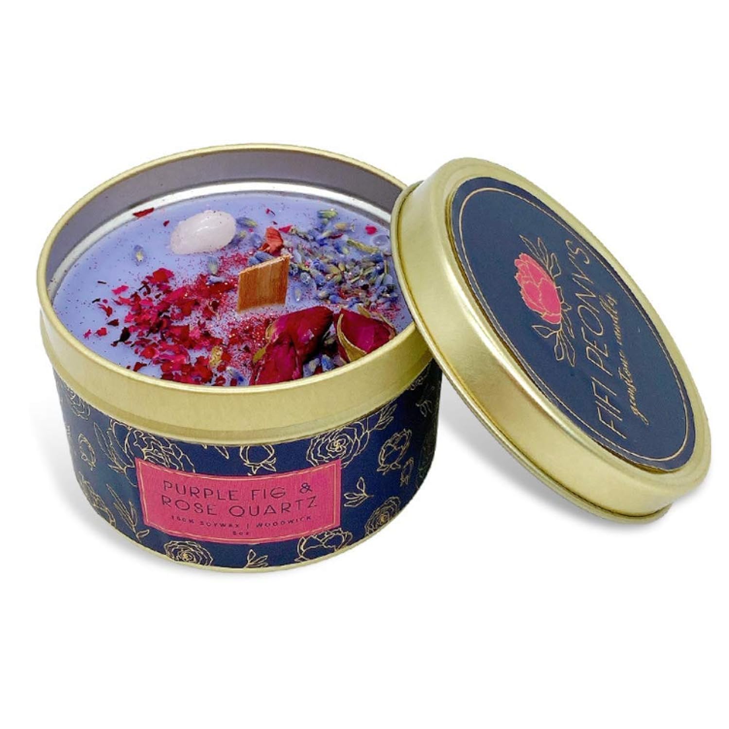 'S Gemstone Candles - Infused With Healing Rose Quartz Crystals And Hand Placed Dried Flowers. Scented With Soothing Fig In Natural Soy Wax. Burns With An Elegant Wooden Wick. 8Oz
