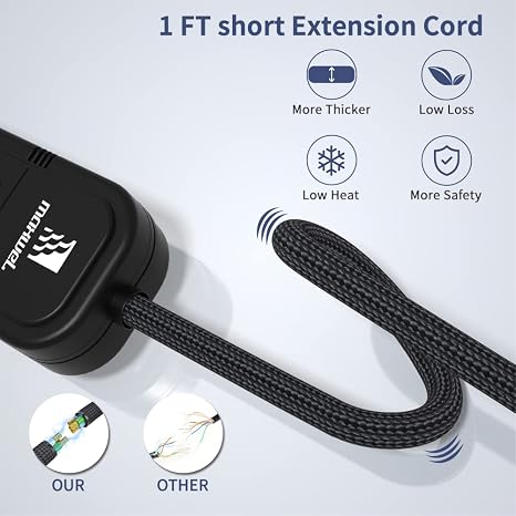 Small Power Strip 1Ft 2 Pack 3 Outlet Short Extension Cord Black ETL