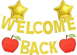 Welcome Back Banner With Gold Star Foil Balloons And Apple Cutouts – Classroom Welcome Sign For Back To School Decorations, Teacher Appreciation, And First Day Of School Party Supplies