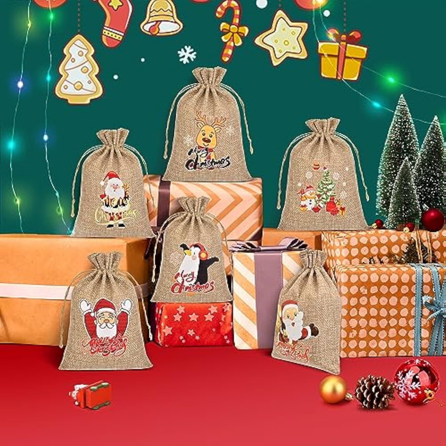 Christmas Small Burlap Bags With Drawstring, Burlap Gift Bags Christmas Linen Treat Sacks Gift Wrapping Bags Xmas Holiday Party Favors Bags(7X5 Inch, 24 Pcs)