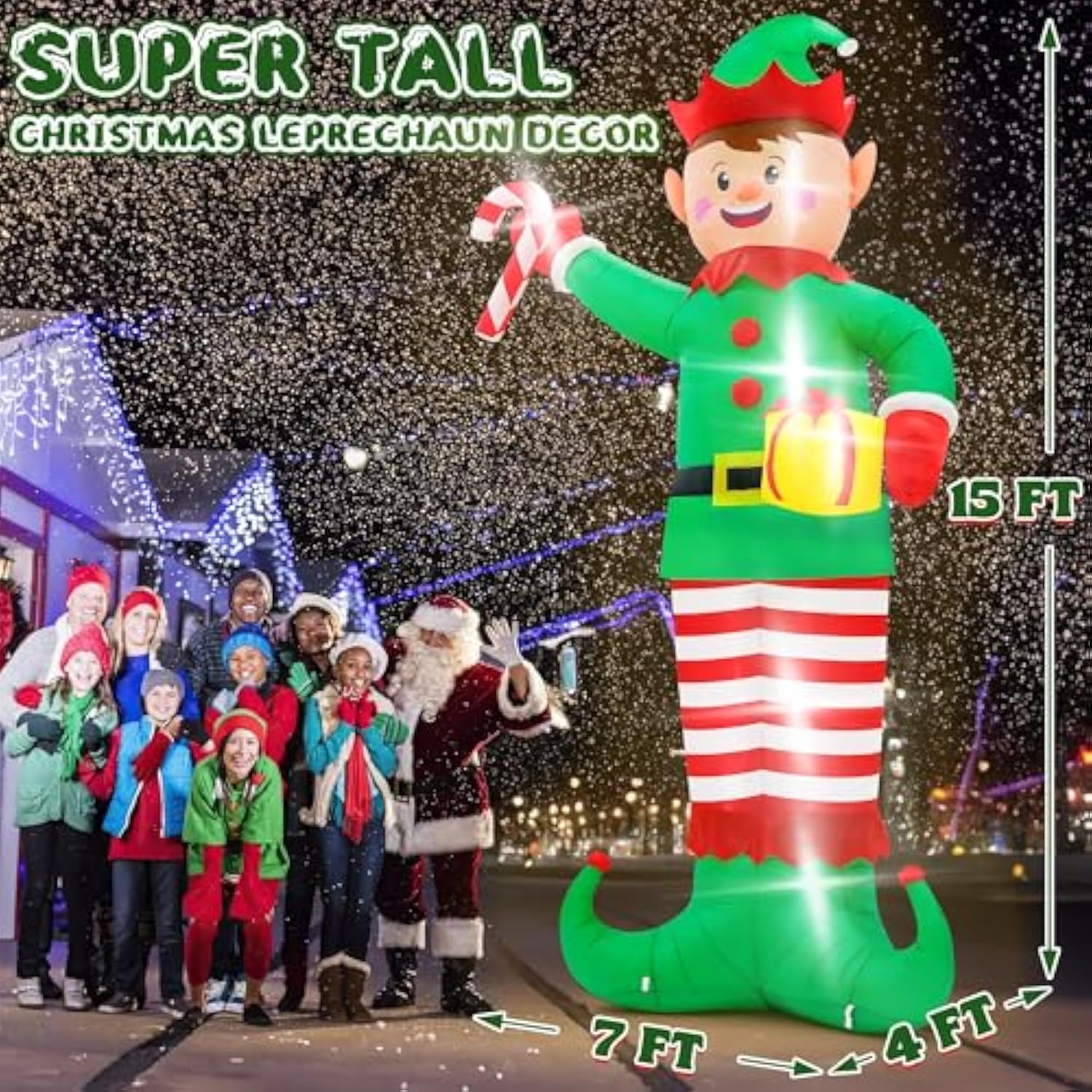 Christmas Inflatables, Giant 15 Ft Christmas Elf Inflatable Outdoor Decoration, Blow Up Xmas Elf Holding Box, Led Lighte