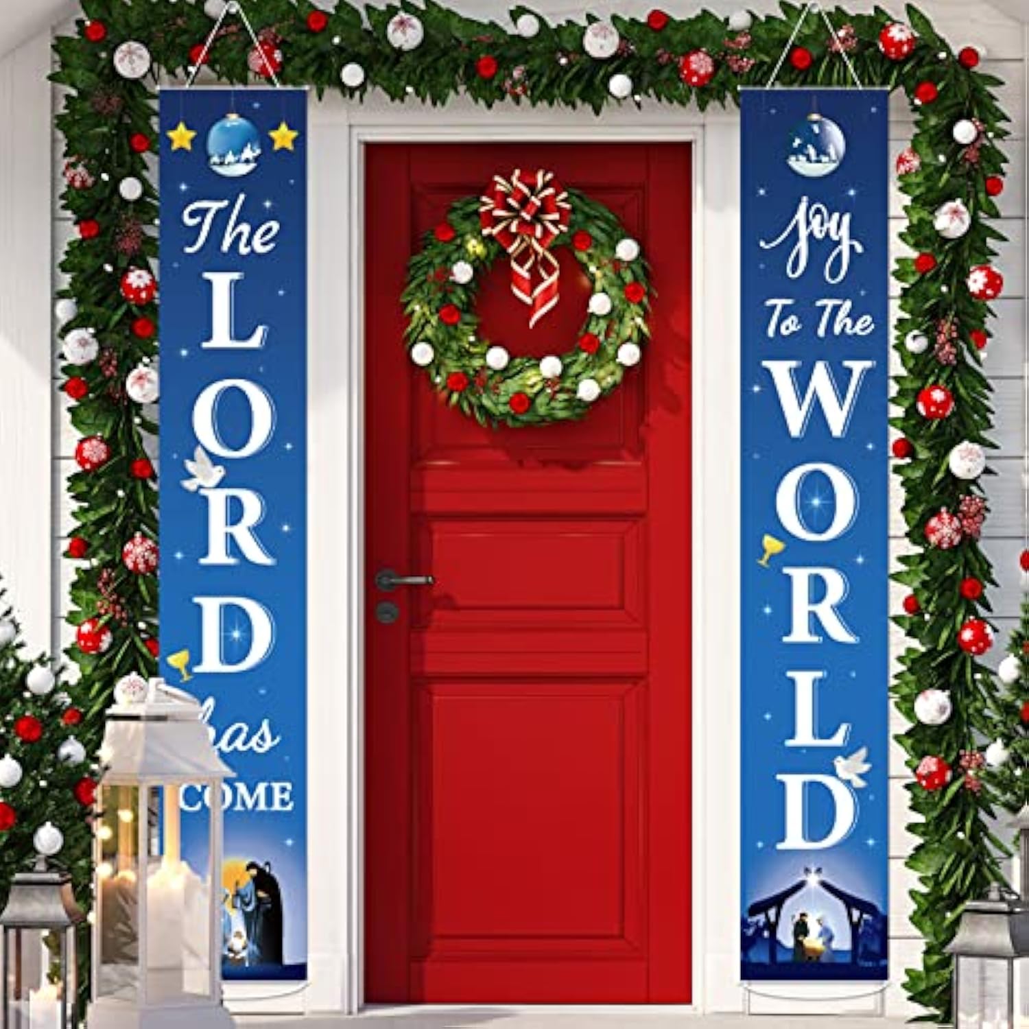 Christmas Nativity Porch Sign Banner Merry Christmas Door Banner Joy To The World Jesus Religious Banner Xmas Holy Nativity Front Porch Home Decorations For Winter Holiday Party