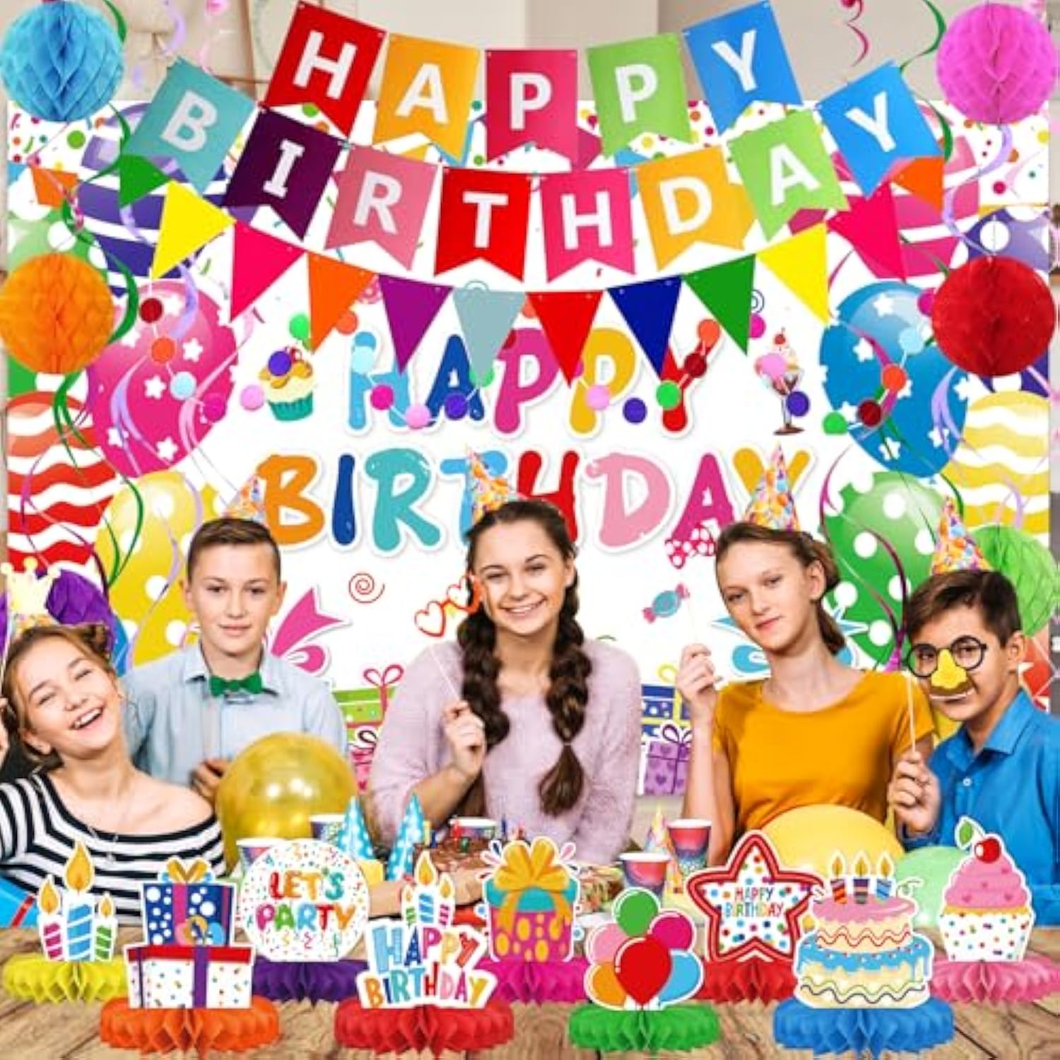 26pcs Birthday Décor Kit with Banner, Swirls, Garland, Backdrop & Centerpieces