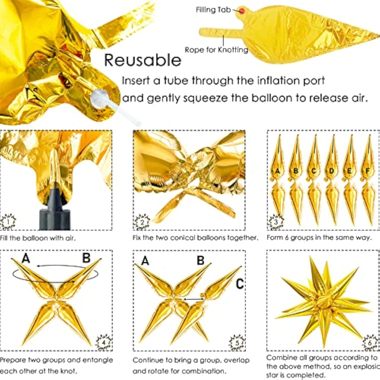 60 Pcs Star Balloons 12 Spike Foil Explosion Party Decoration Balloons For Christmas New Year Eve Graduation Birthday (Gold)