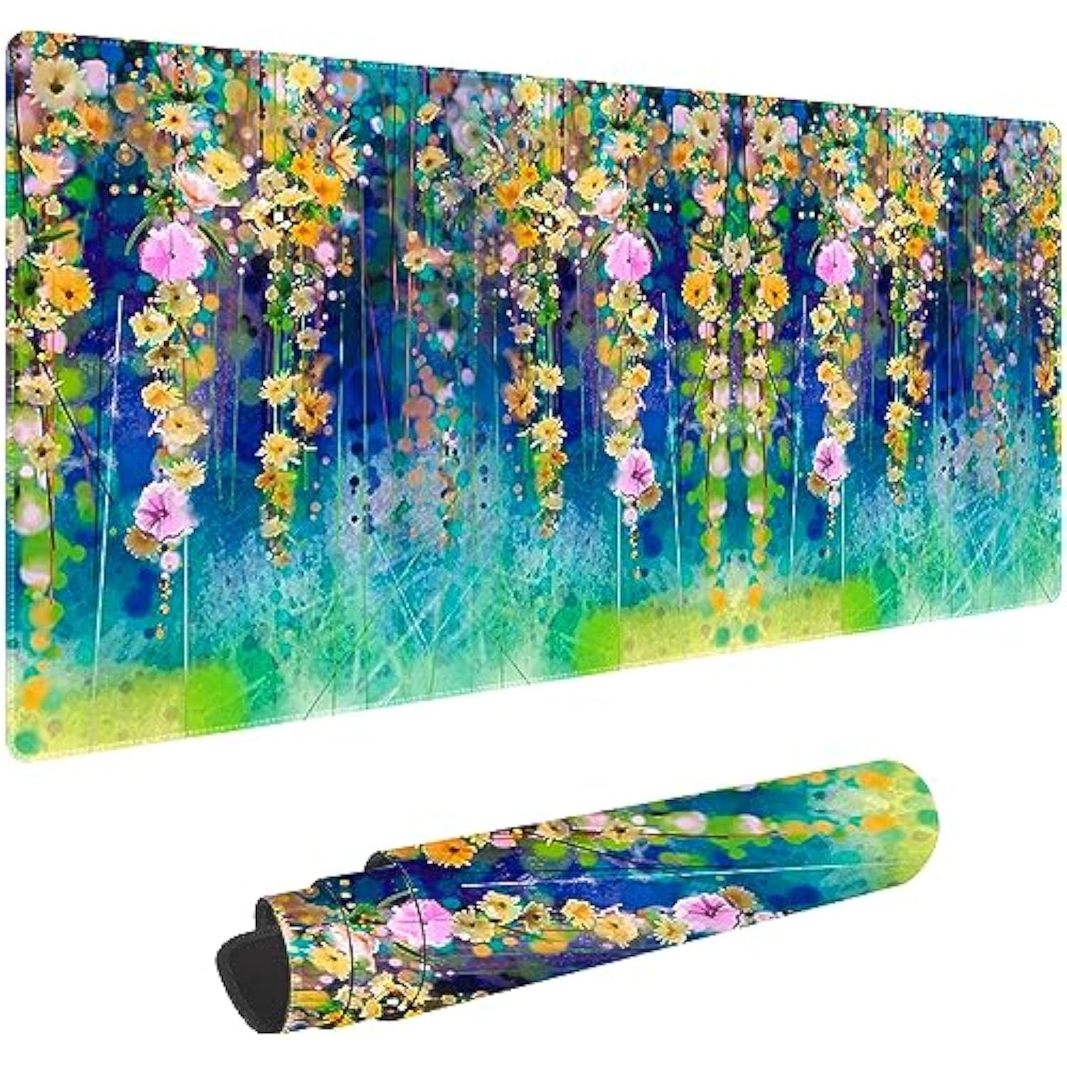 Abstract Watercolor Flowers Non-Slip Rubber Large Mouse Pad For Desk,Large Gaming Mouse Pad Xxl Extended Mouse Pad With Stitched Edges Non-Slip Base Water Resist Pad Desk Mat 35.4X15.7Inch