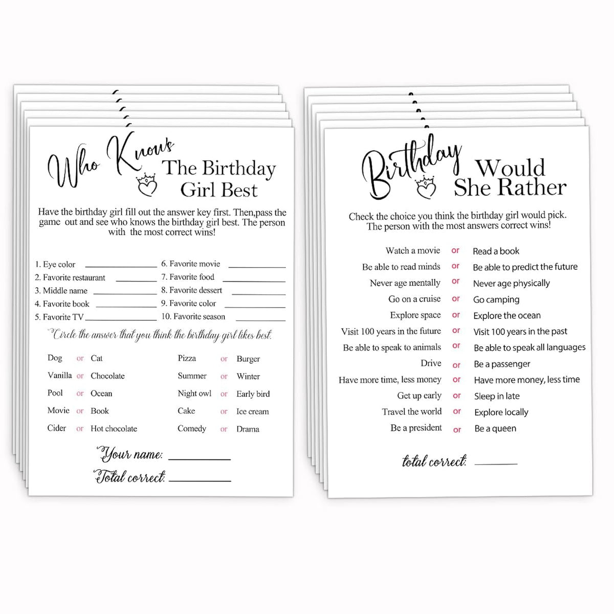 Birthday Party Cards For Girl, Birthday Games Card, Would She Rather Game Cards Set, Birthday Supplies Activity Decorations For Adult Girl, Set Of 30 Game Cads