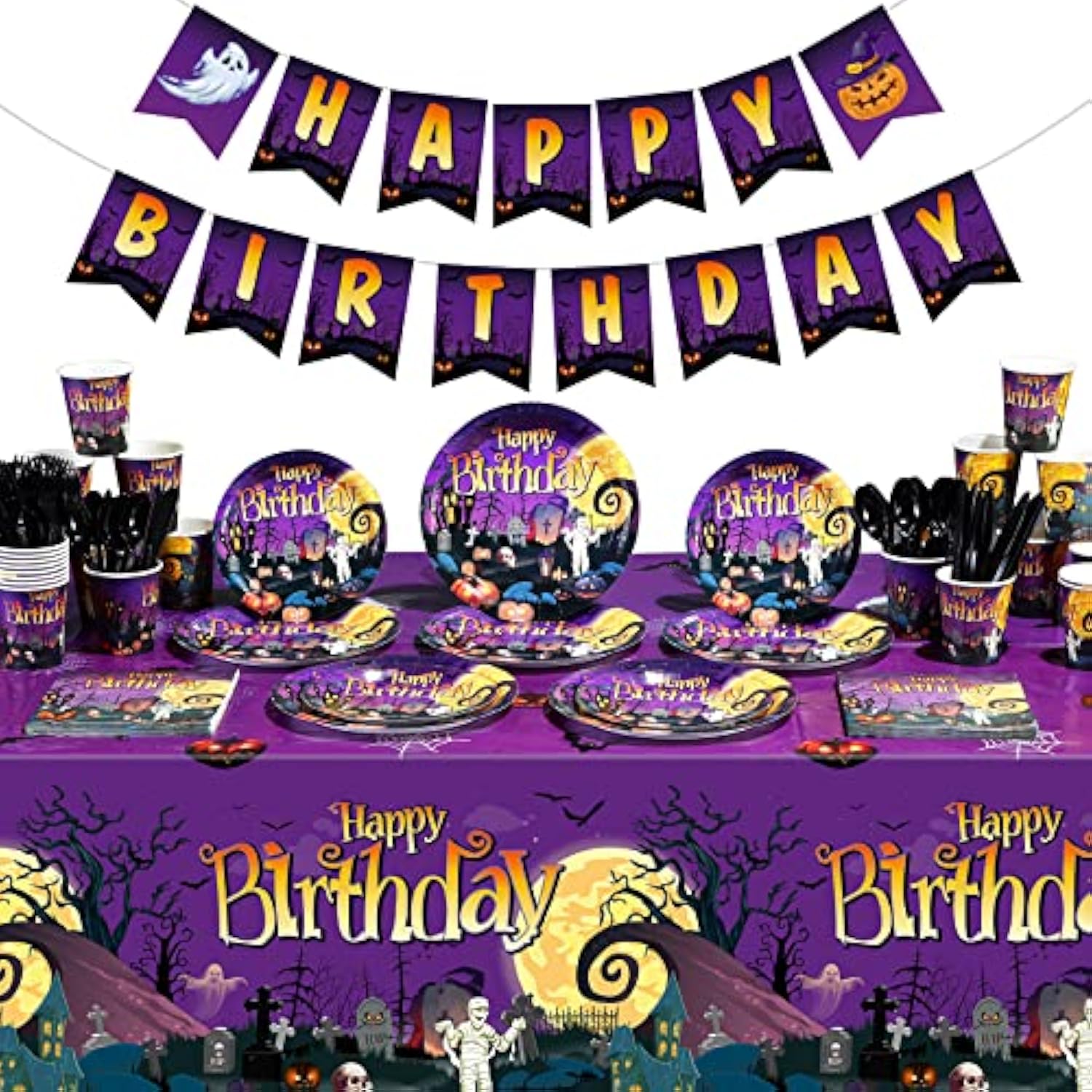 Halloween Birthday Party Tableware Set for 25 – Plates, Cups, Napkins, Banner & Tablecloth for Kids