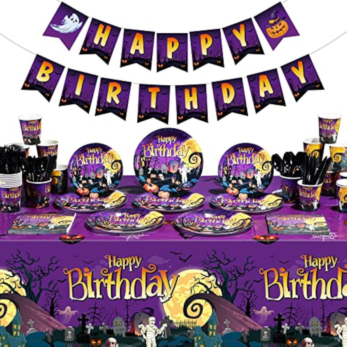 Halloween Birthday Party Tableware Set for 25 – Plates, Cups, Napkins, Banner & Tablecloth for Kids
