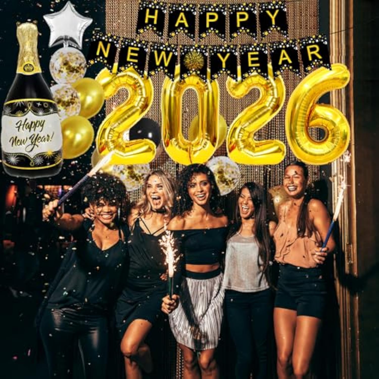 New Years Eve 2026 Party Decorations with Banner Balloons Fringe Curtain & Foil Balloons