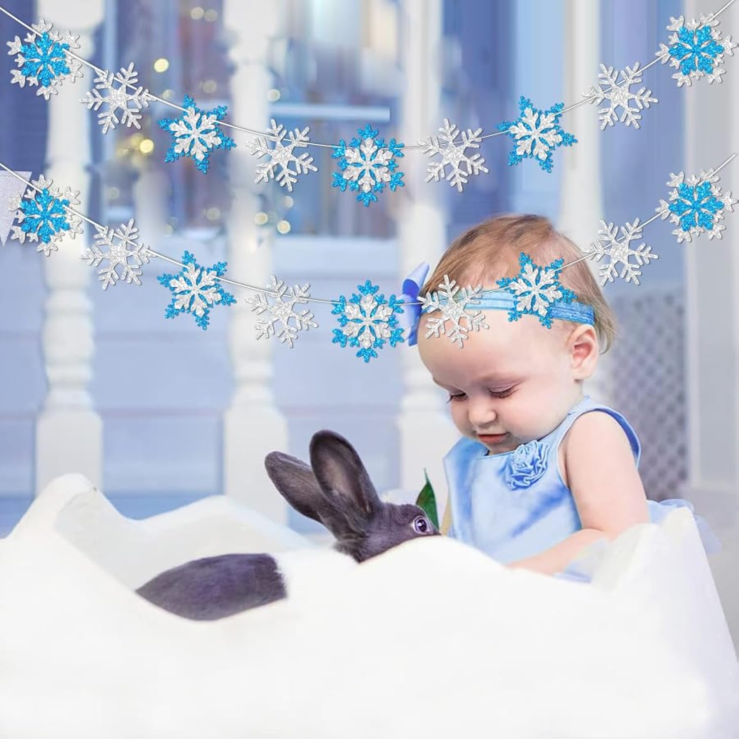 Glitter Frozen Snowflake Garland Banner Winter White And Blue Snowflakes For Wonderland Frozen Party Decorations, Birthday And Christmas Deco