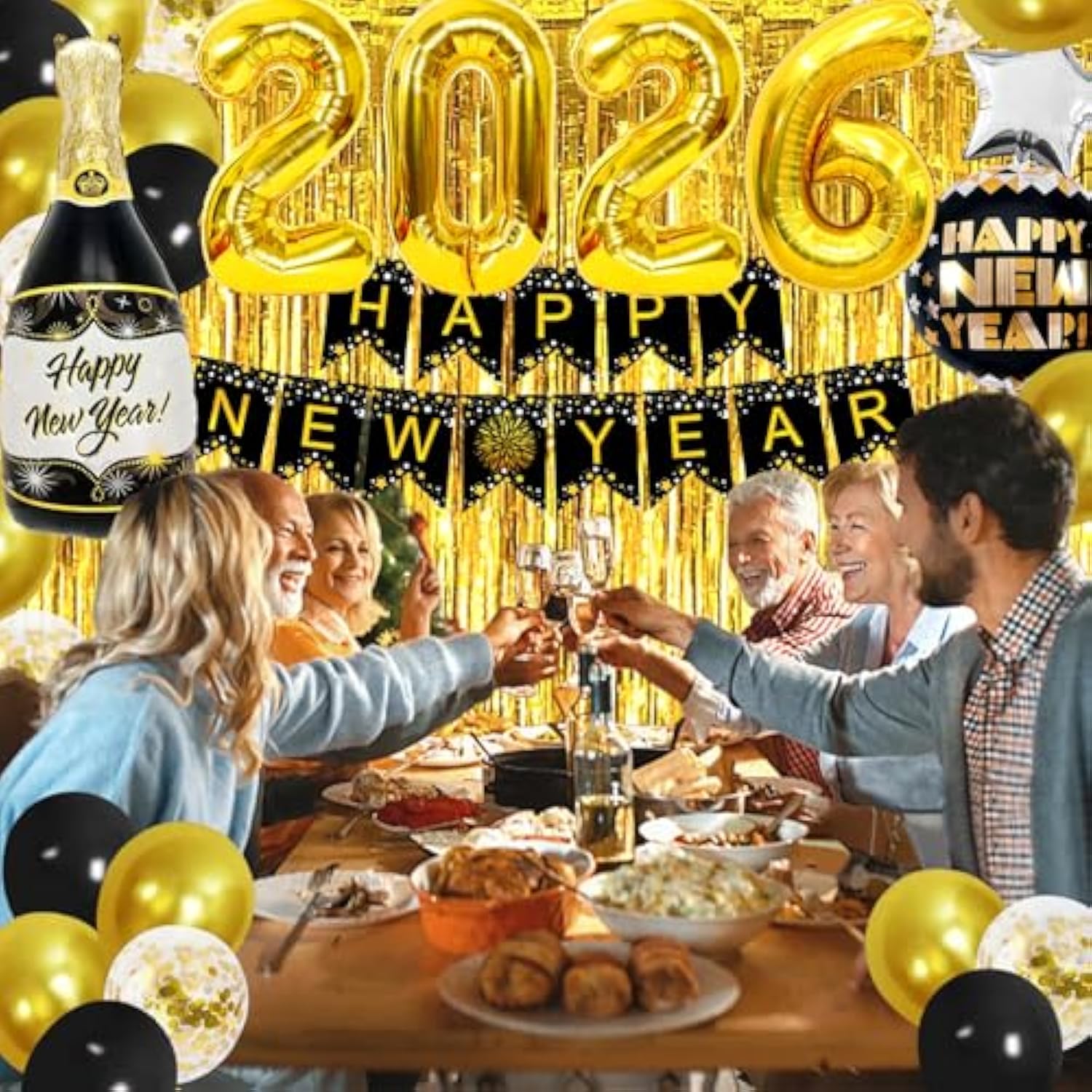 New Years Eve 2026 Party Decorations with Banner Balloons Fringe Curtain & Foil Balloons