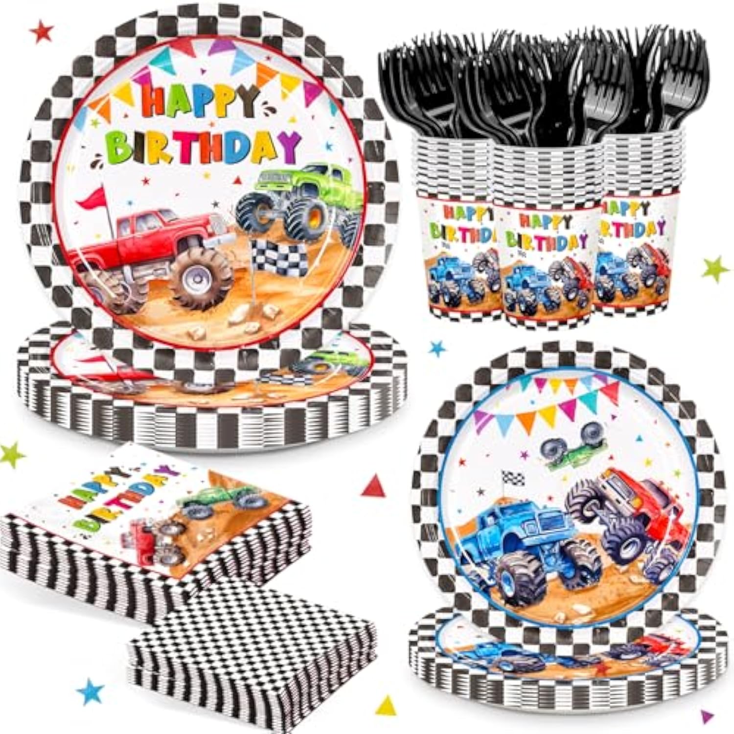 144Pcs Monster Truck Birthday Party Decorations Plates Napkins Disposable Truck Paper Cups Monster Truck Party Supplies Tableware Set For Kids Boys Birthday Decor Serve 24 Guests