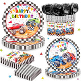 144Pcs Monster Truck Birthday Party Decorations Plates Napkins Disposable Truck Paper Cups Monster Truck Party Supplies Tableware Set For Kids Boys Birthday Decor Serve 24 Guests