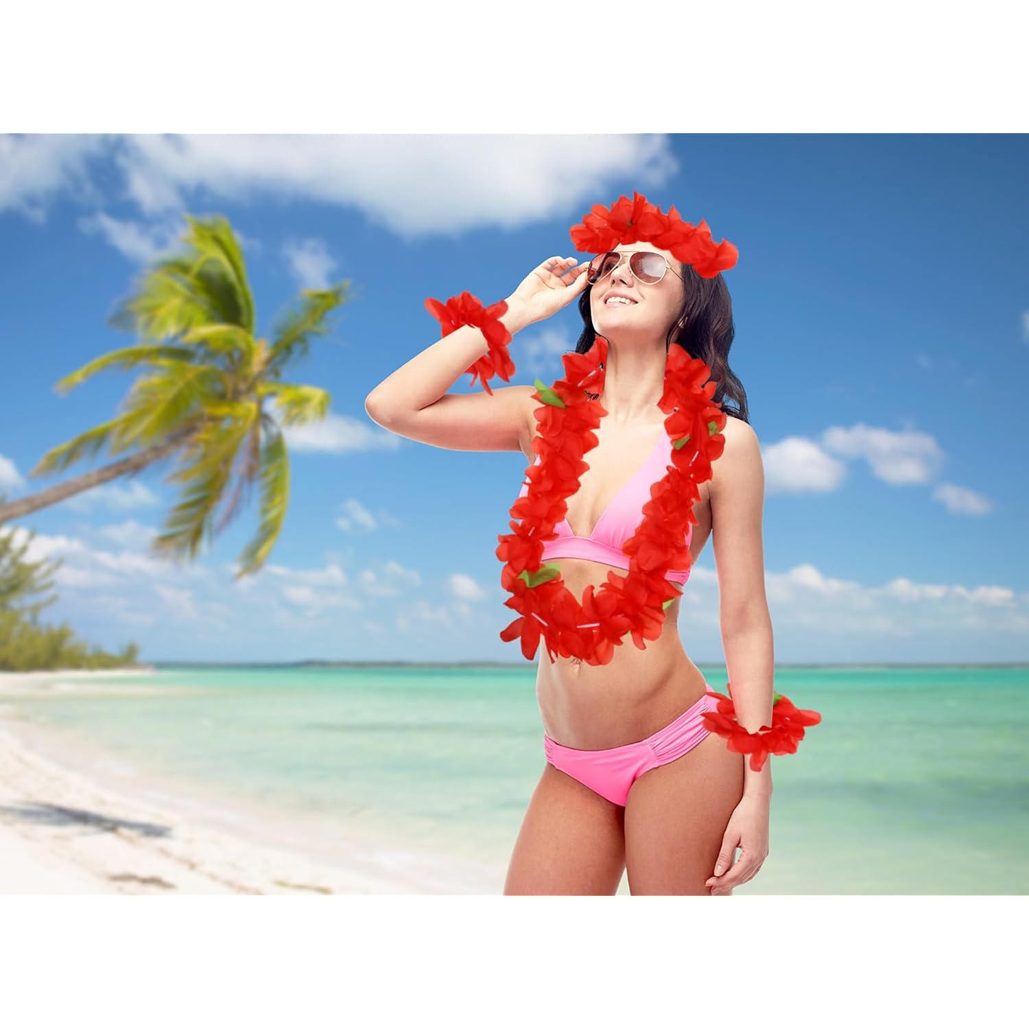 Hawaiian Leis Set For Luau Party 4Pcs Tropical Flower Ribbon Lei Necklace For Summer Beach Pool Graduation Dance Party Favor Decoration (Red)
