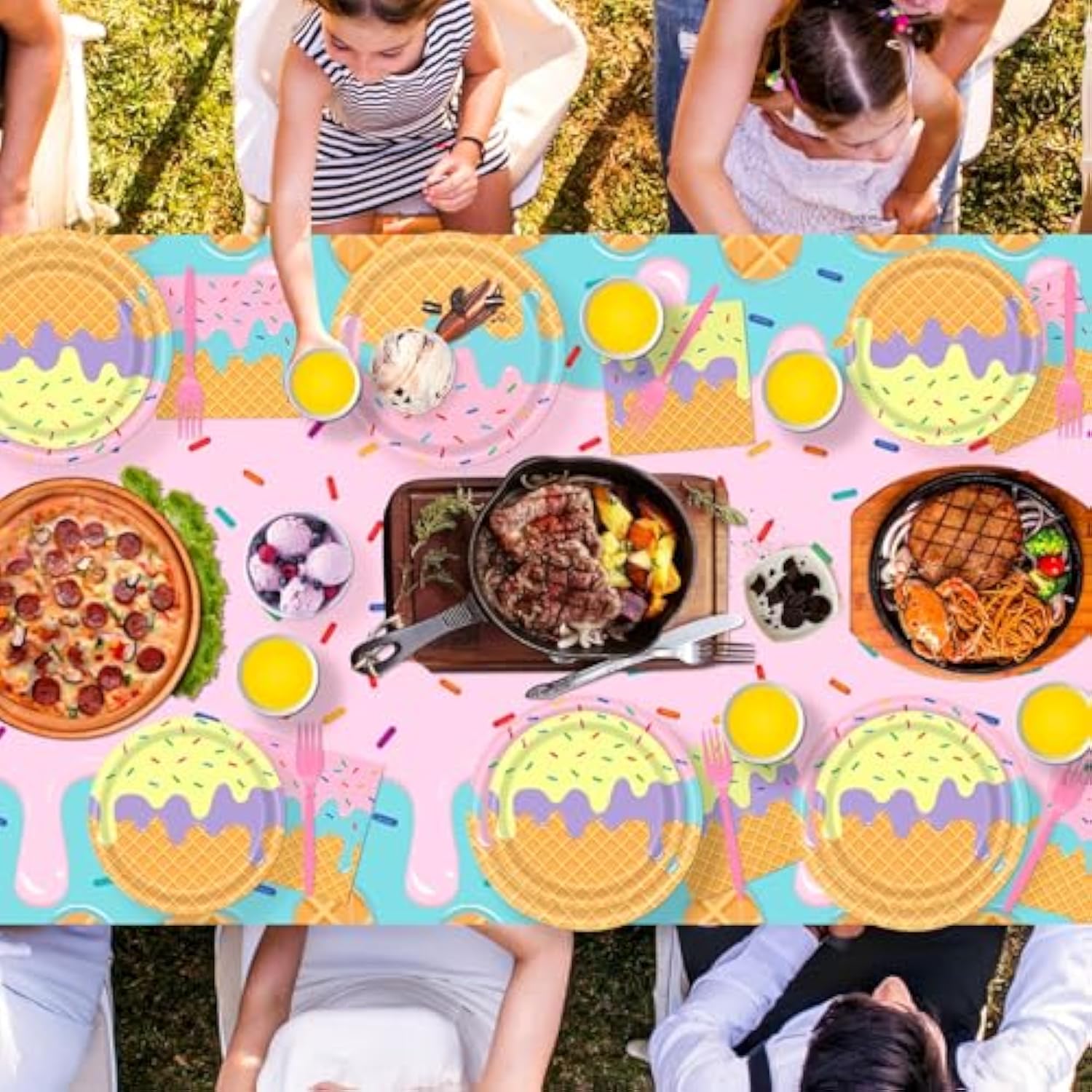 121Pcs Summer Ice Cream Party Supplies Kit, Lncludesice Cream Themed Plates Cups Napkins Cutlery Touchdown Tablecloth, For Baby Shower, Ice Cream Birthday Party Decorations ,Serve 24