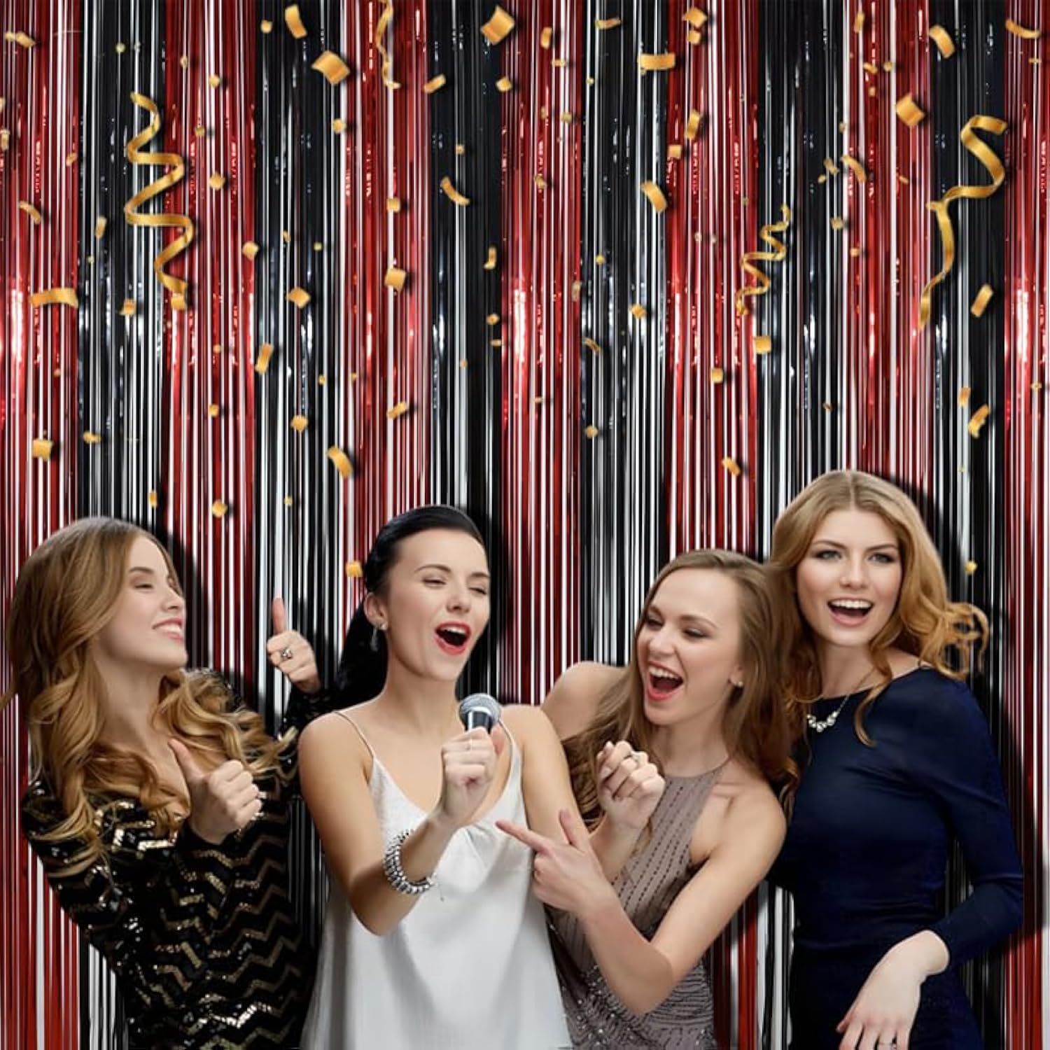 Tinsel Photo Backdrop Curtains - 2 Pack 3.2X8.2Ft Black Red Foil Fringe Streamer Curtain For Christmas/New Years/Birthdays/Bachelorette/Home/Office/Indoor/Outdoor Party Supplies Decorations